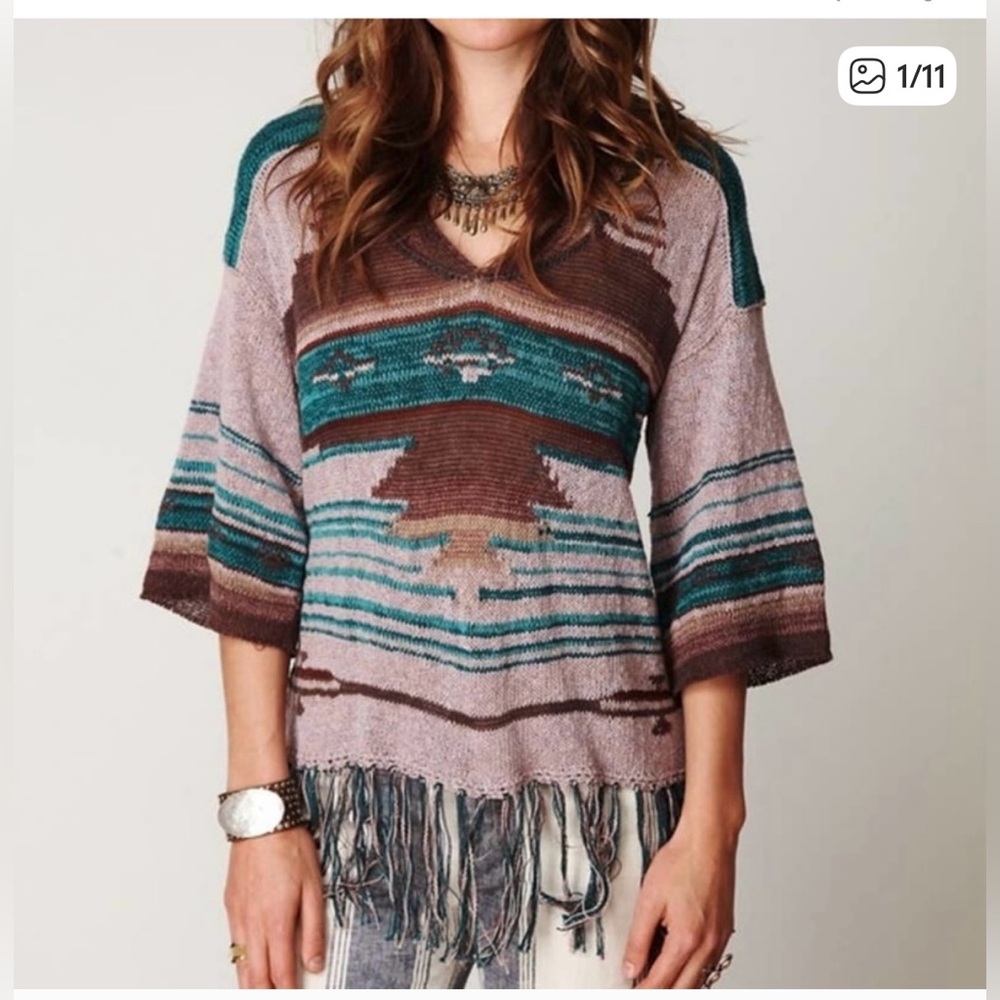 Free People Navajo Dune Fringe Aztec Print Pullover Sweater